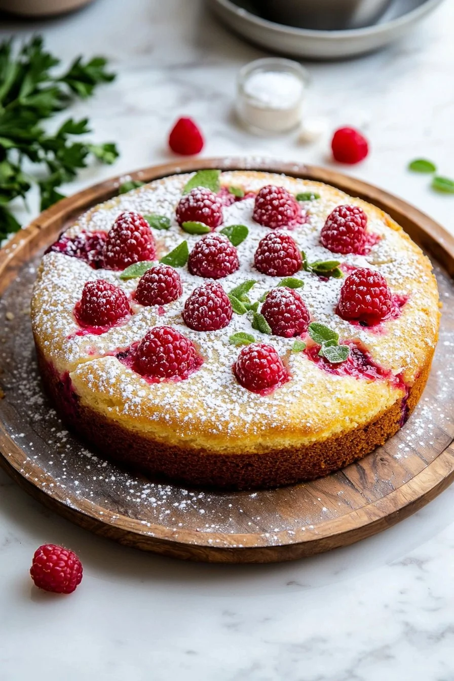 Ultimate Raspberry Cake topped with fresh raspberries and creamy frosting