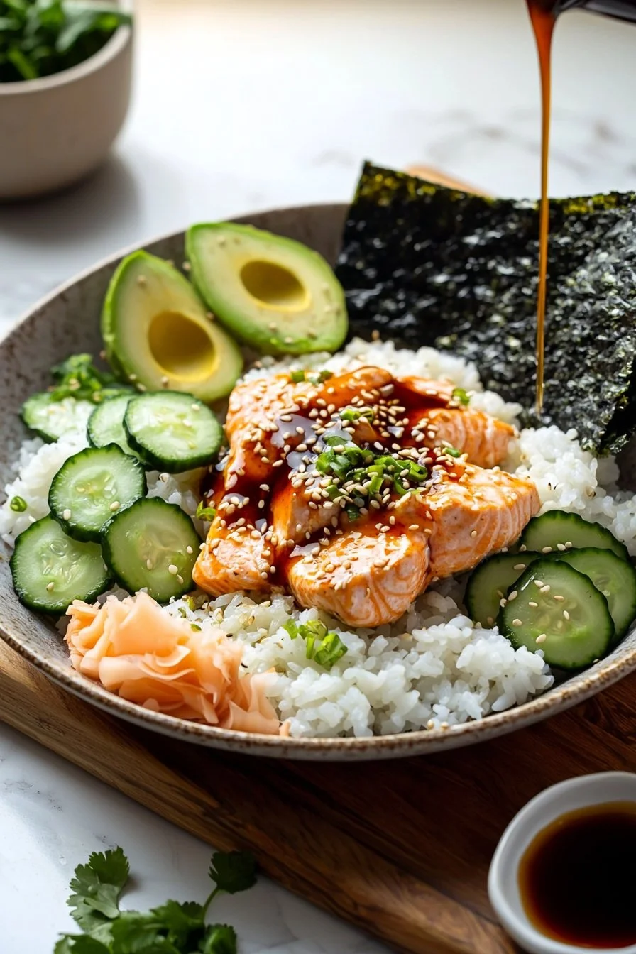 Delicious teriyaki salmon sushi bowl garnished with fresh ingredients.