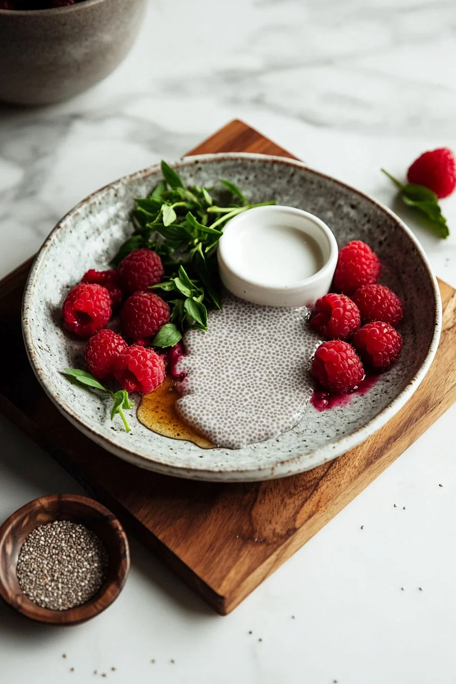 Vegan raspberry chia pudding topped with fresh raspberries and mint leaves.