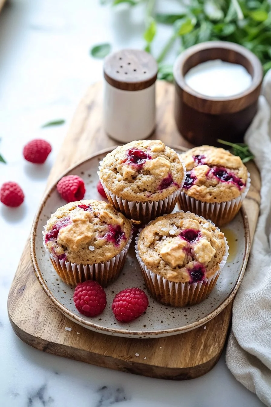 Delicious vegan raspberry muffins displayed on a wooden table.