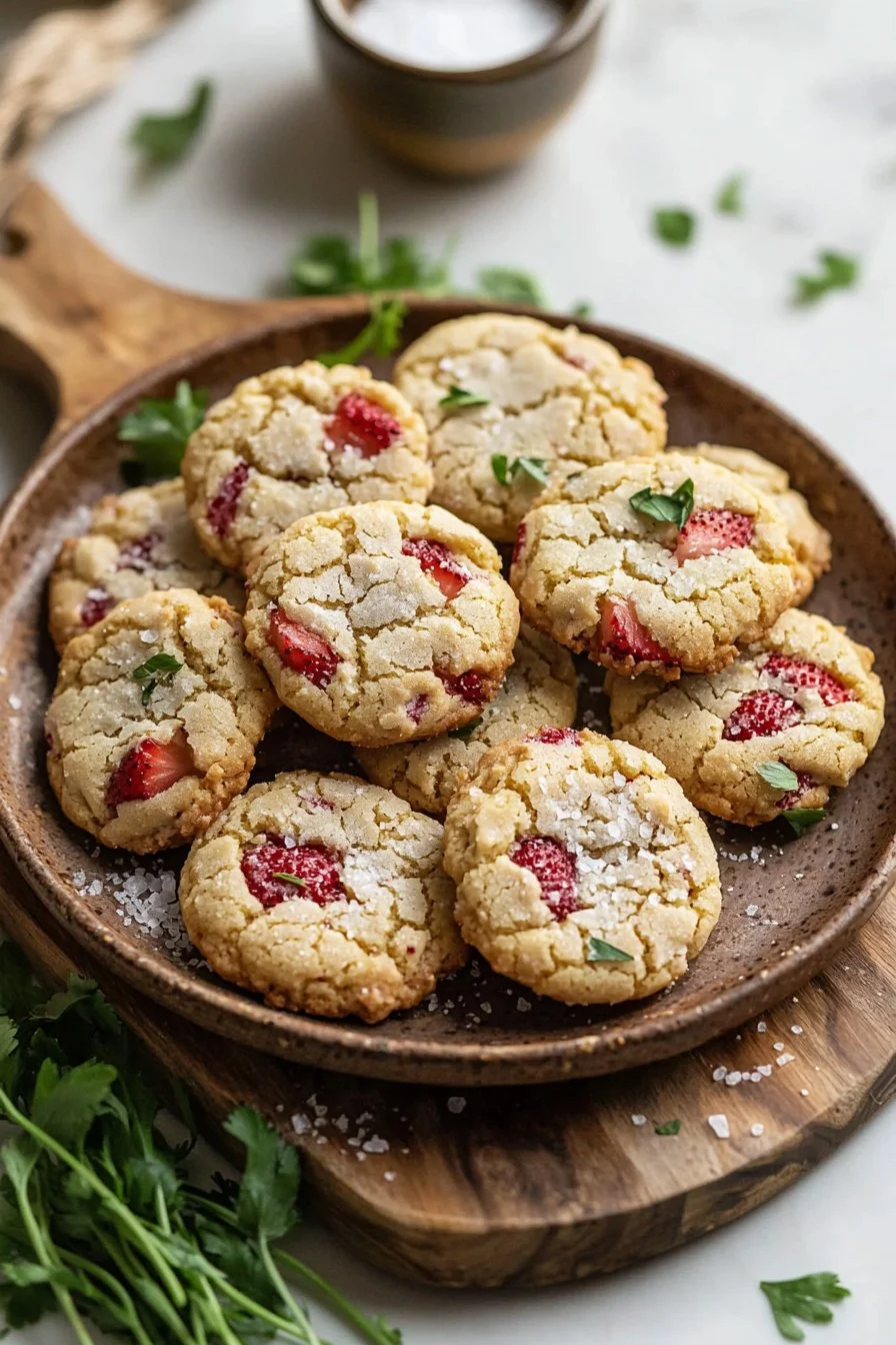 Delicious vegan strawberry sugar cookies on a baking tray.