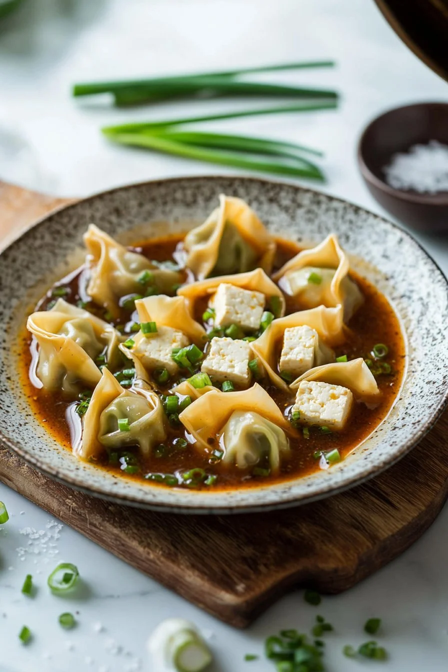 Vegan tofu and chive wontons served in a delicious chili broth