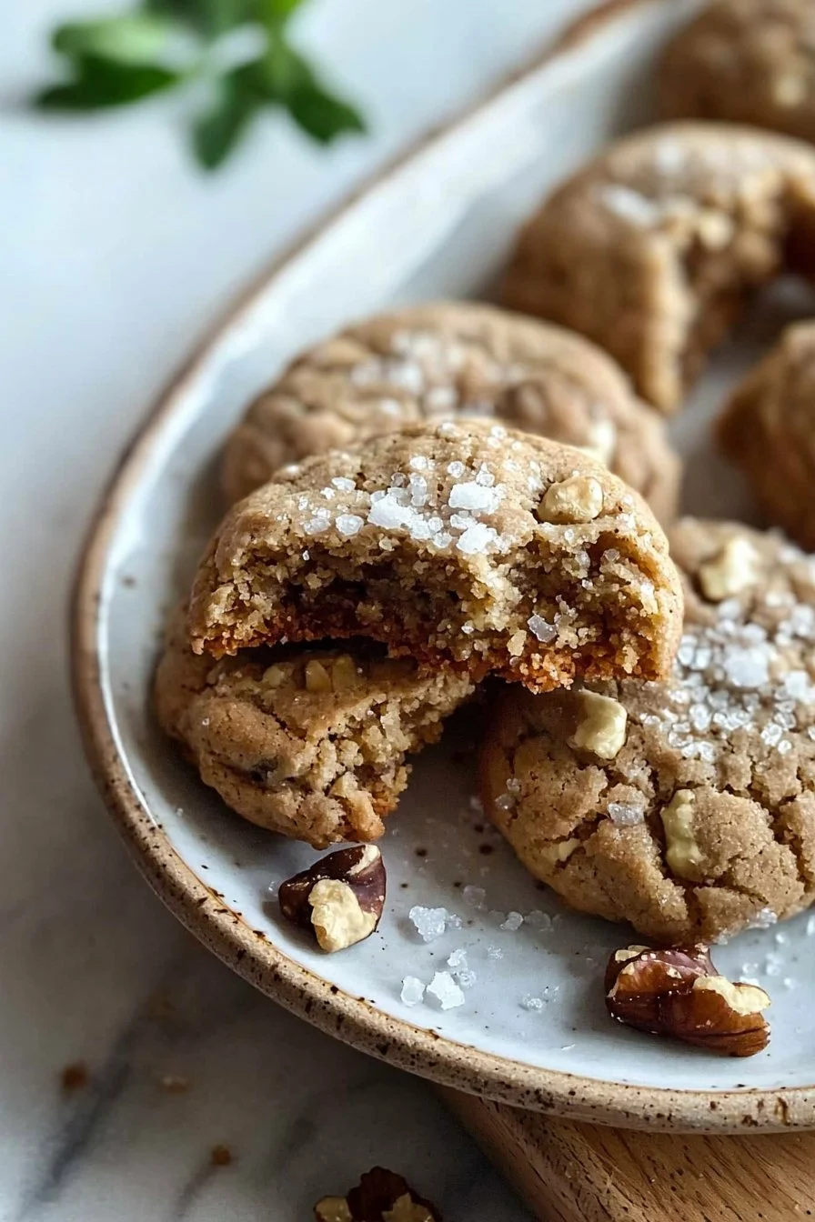 Baked walnut cookies arranged on a plate with a warm cup of tea