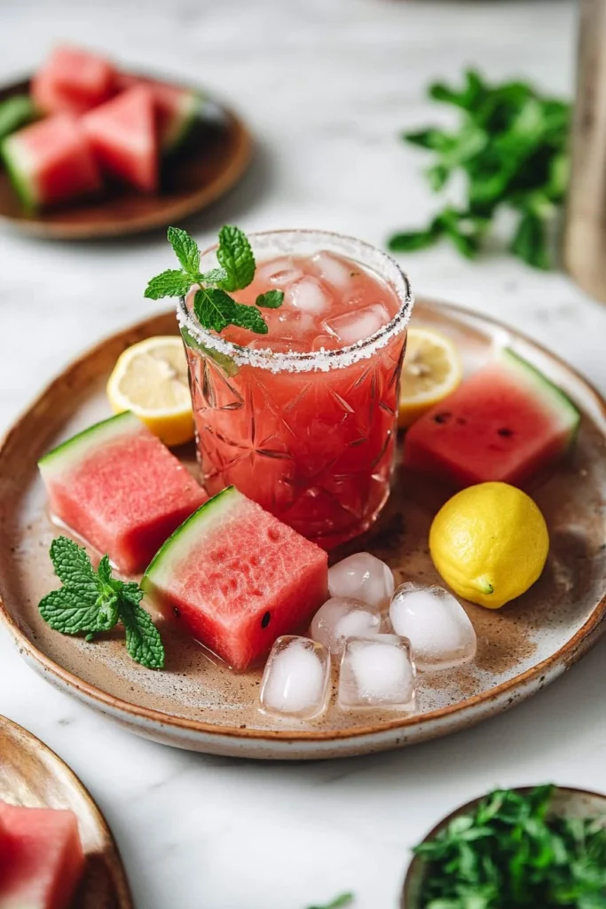 Refreshing watermelon lemonade in a glass with fresh watermelon slices