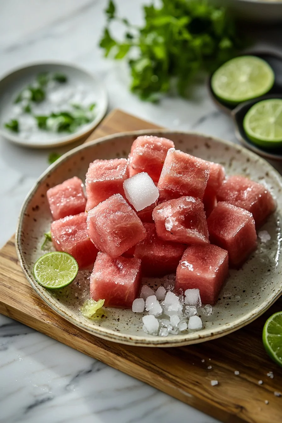 Refreshing watermelon slushie in a glass with ice and mint leaves.