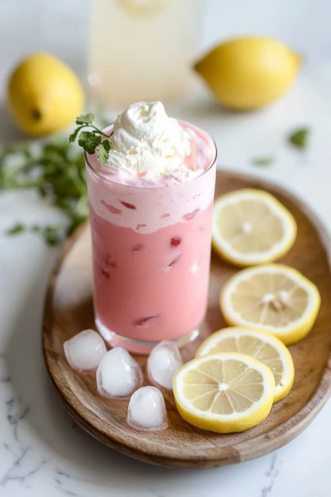Delicious whipped pink lemonade in a glass with ice and lemon slices