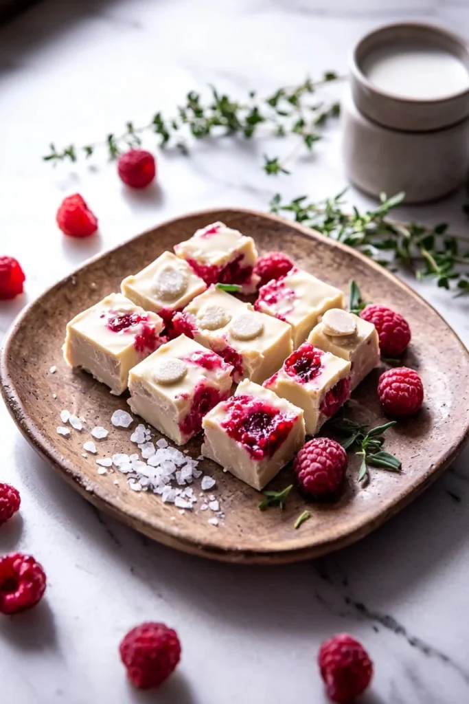 Delicious white chocolate raspberry fudge squares on a decorative plate.