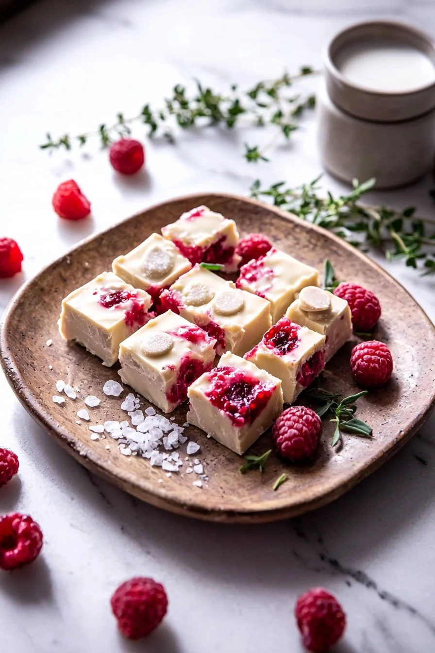 Delicious white chocolate raspberry fudge squares on a decorative plate.