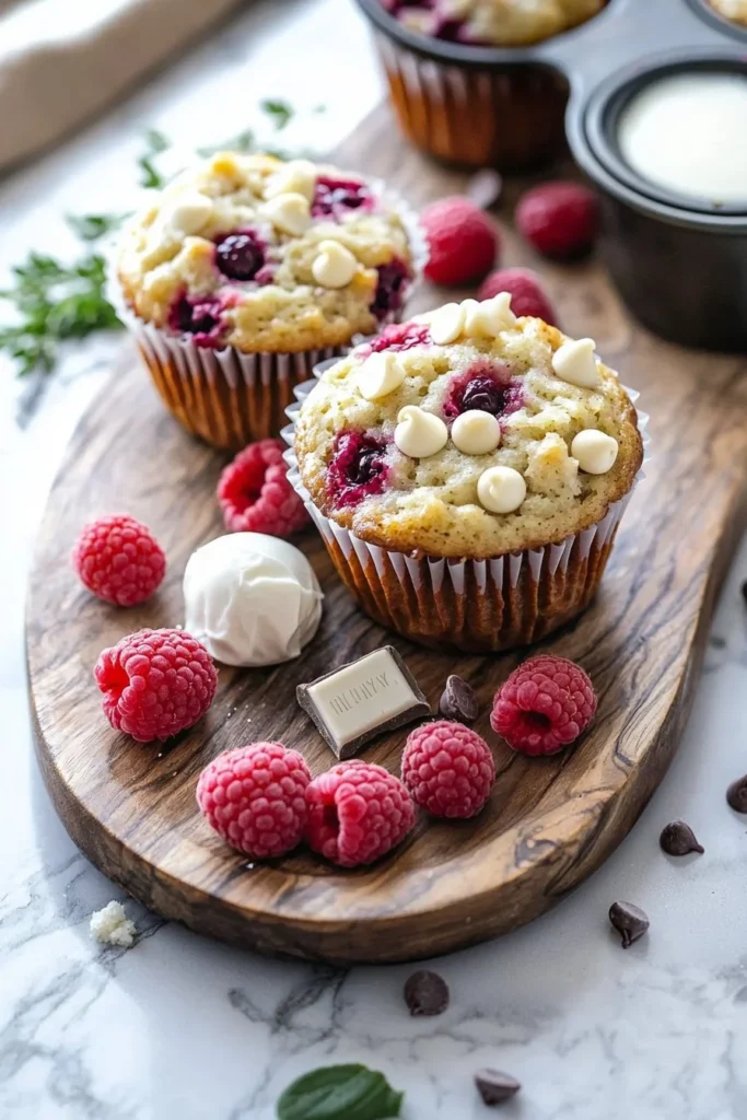 Freshly baked white chocolate raspberry muffins displayed on a wooden table
