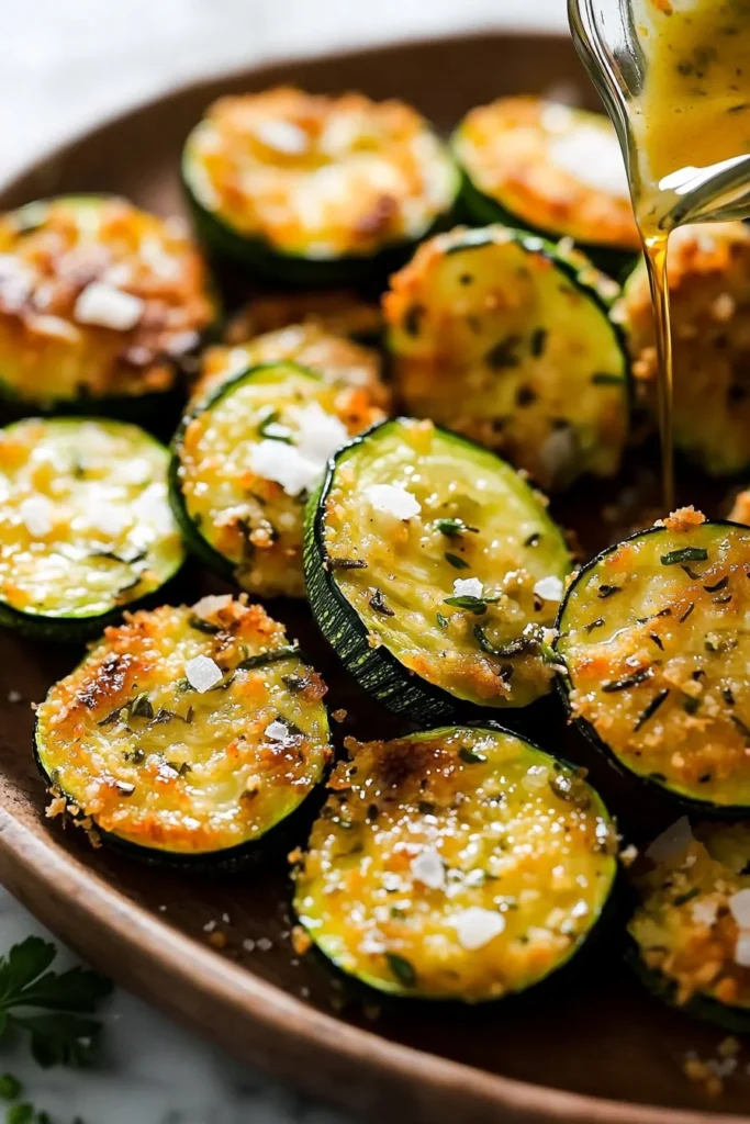 Plate of crispy Zucchini Garlic Bites served with dipping sauce