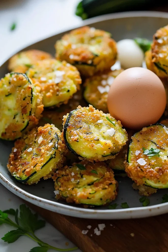 Deliciously baked Zucchini Garlic Bites on a plate, garnished with herbs.