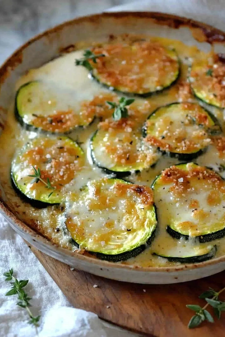 Delicious zucchini gratin baked to perfection, topped with cheese and herbs