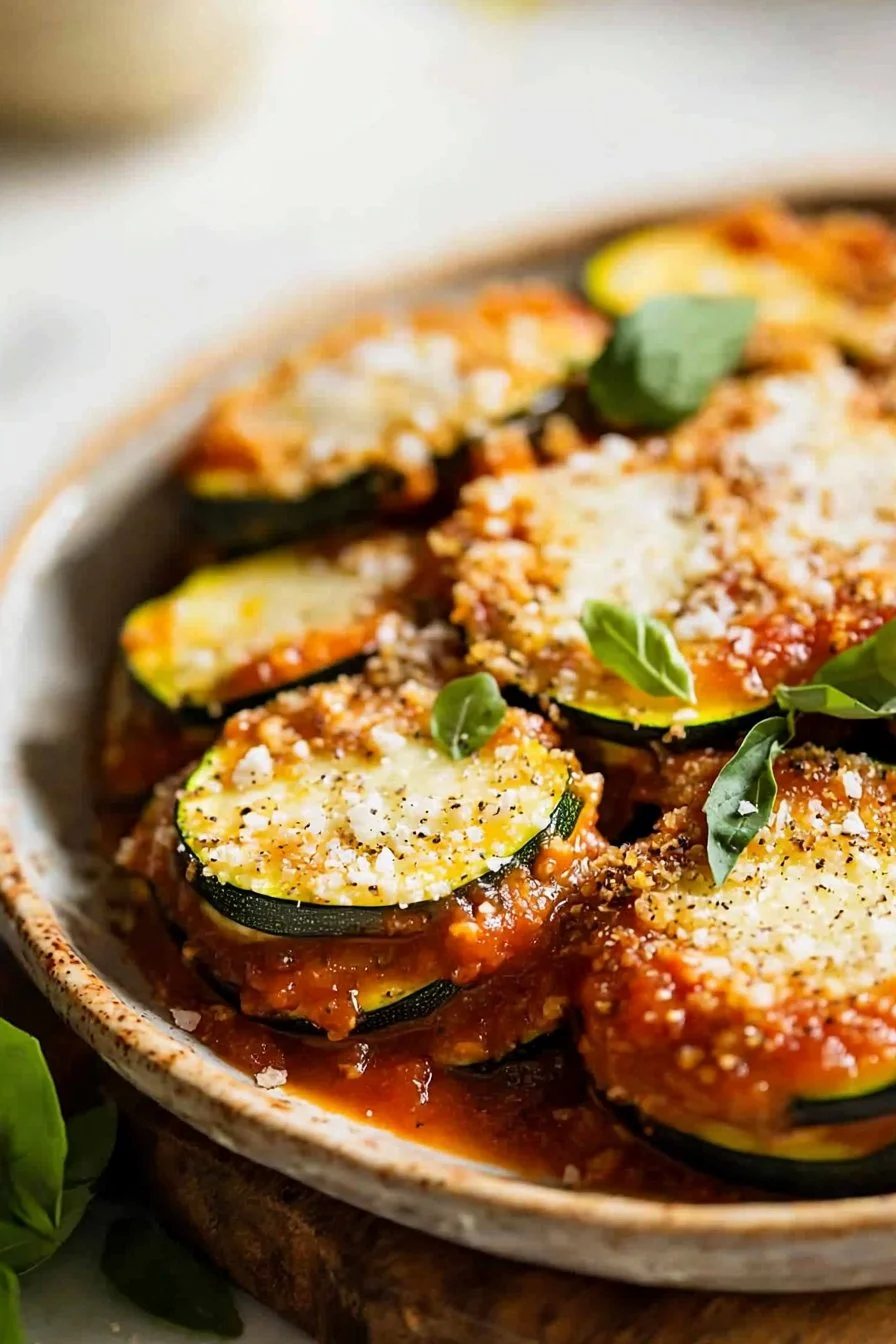Baked Zucchini Parmesan dish topped with melted cheese and herbs
