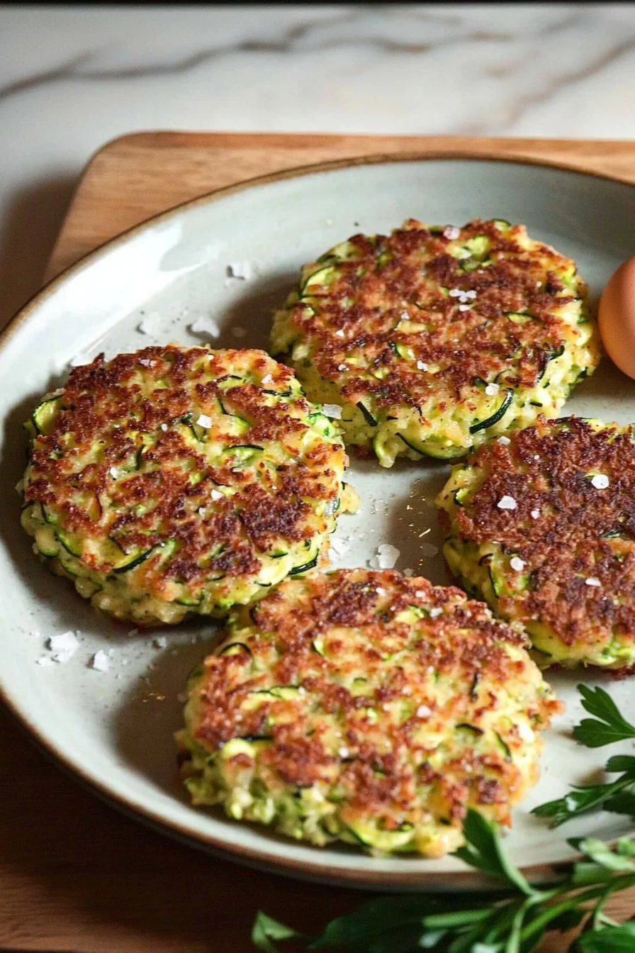 Delicious homemade zucchini patties served on a plate with dipping sauce