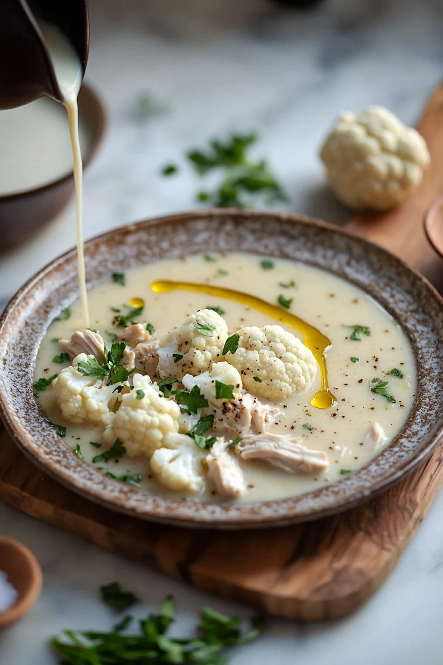 30-minute cauliflower chicken soup in a bowl topped with fresh herbs.