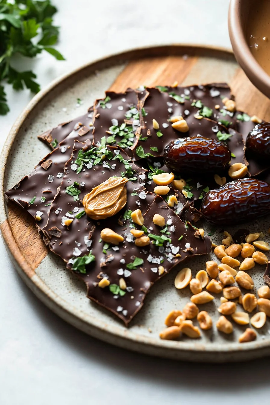 Homemade 4 Ingredient Snickers Date Bark with nuts and chocolate.
