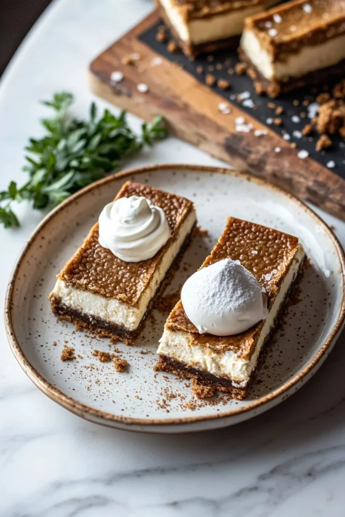 5 ingredient Biscoff cheesecake bars on a white plate, garnished with Biscoff crumbs.