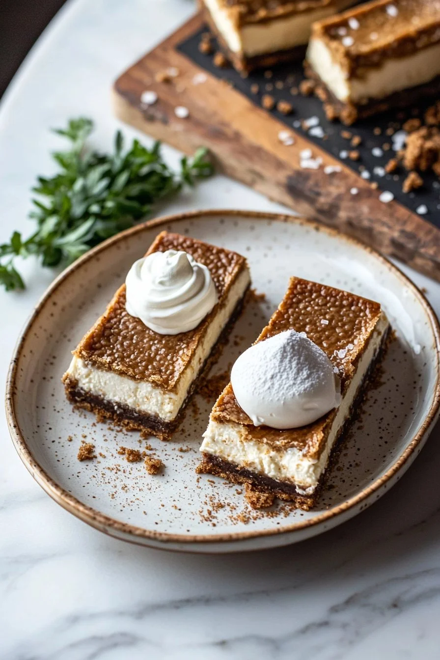 5 ingredient Biscoff cheesecake bars on a white plate, garnished with Biscoff crumbs.