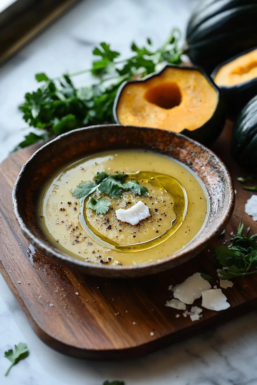 A bowl of creamy Acorn Squash Soup garnished with herbs