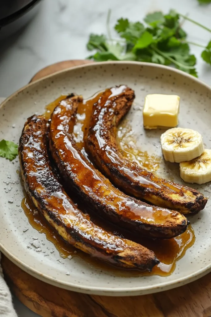 Air fryer caramelized bananas served in a bowl with a scoop of ice cream.