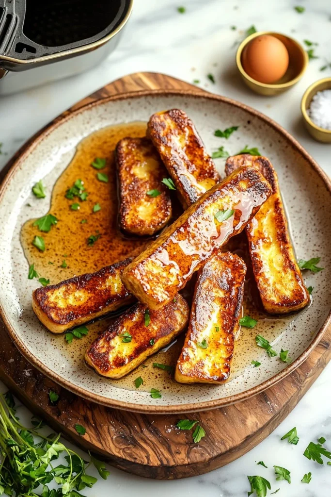 Crispy Air Fryer French toast sticks served on a plate with syrup.