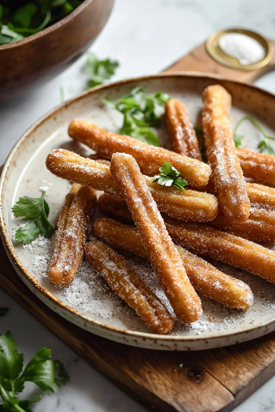 Light and crispy air fryer churros topped with cinnamon sugar.
