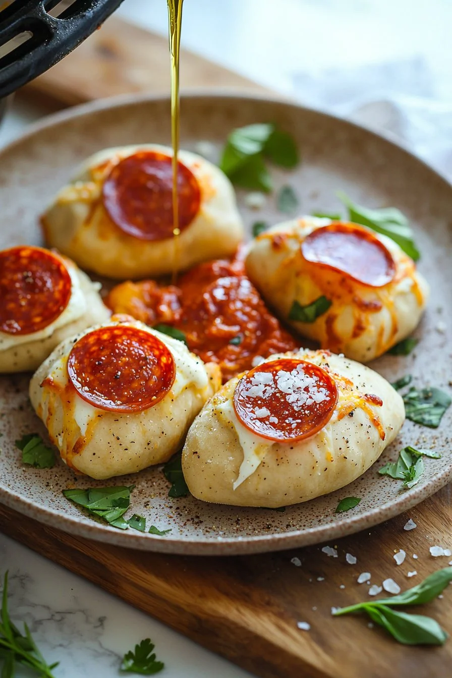 Homemade air fryer pepperoni pizza pockets served on a plate