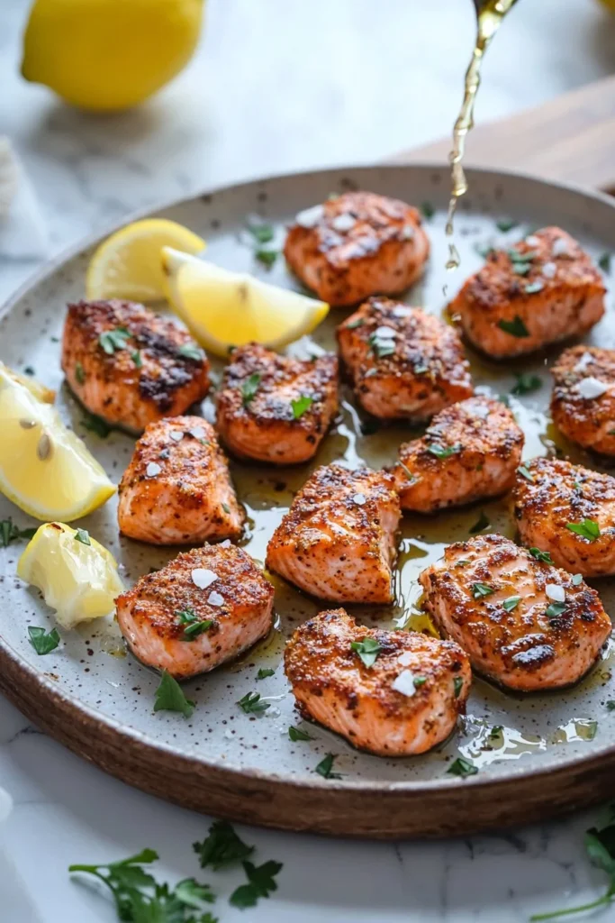 Crispy air fryer salmon bites served with dipping sauce
