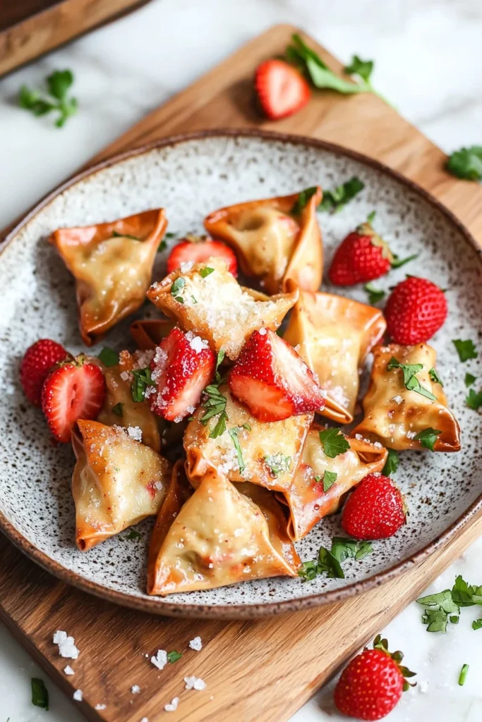 Air Fryer strawberry cheesecake wontons served on a plate with fresh strawberries
