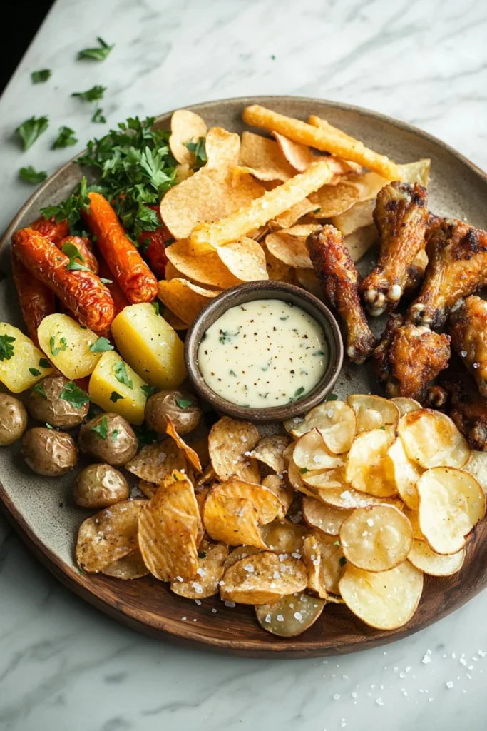 A variety of colorful airfryer snacks arranged on a plate.