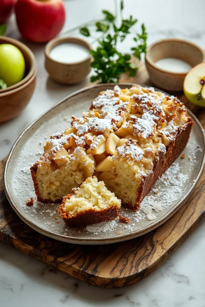 Amish apple fritter bread with glaze drizzled on top, served on a plate.