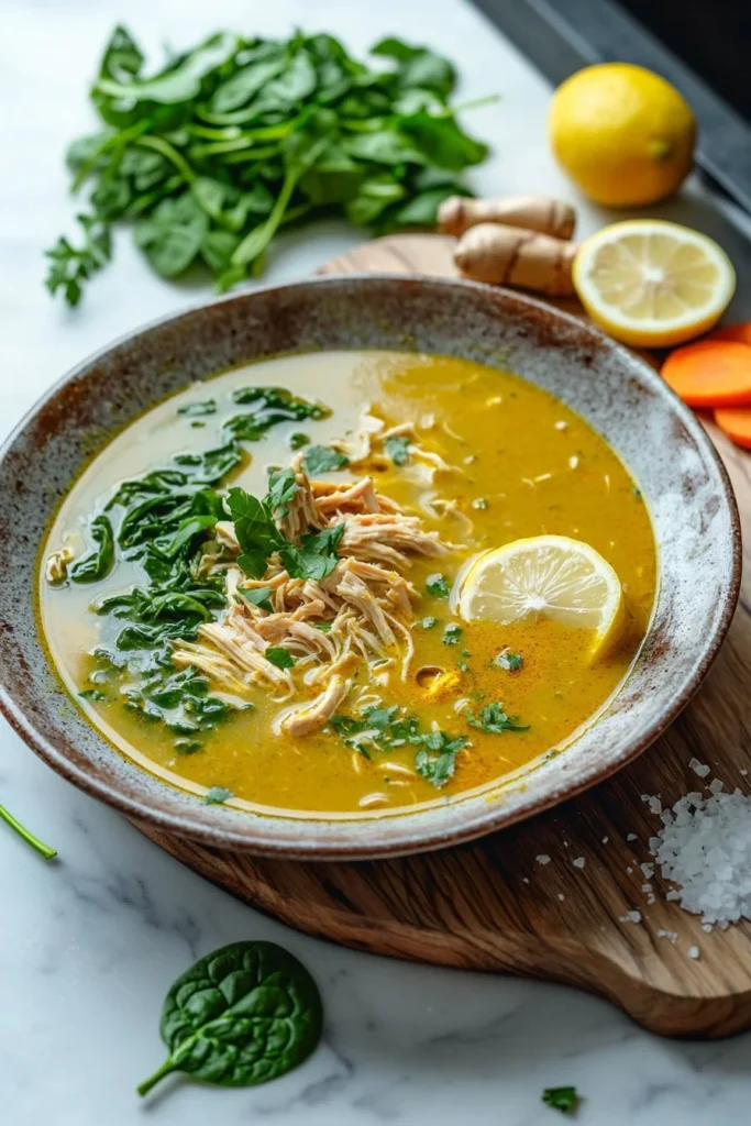 Bowl of anti-inflammatory turmeric chicken soup with herbs and spices