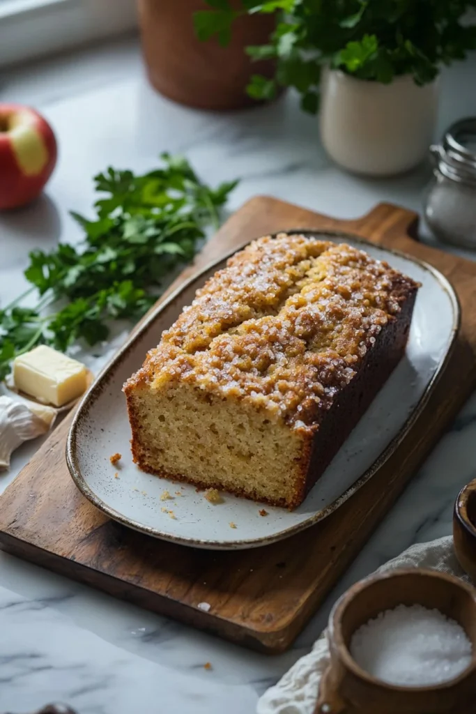Delicious apple cider donut bread on a wooden table, perfect for fall baking.