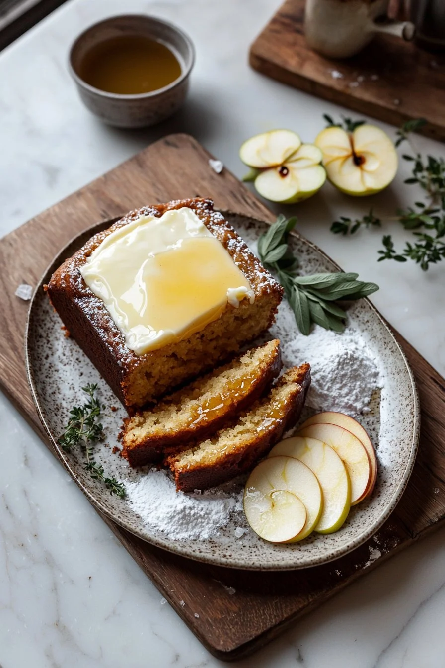 Slice of moist apple cider pound cake topped with a drizzle of glaze