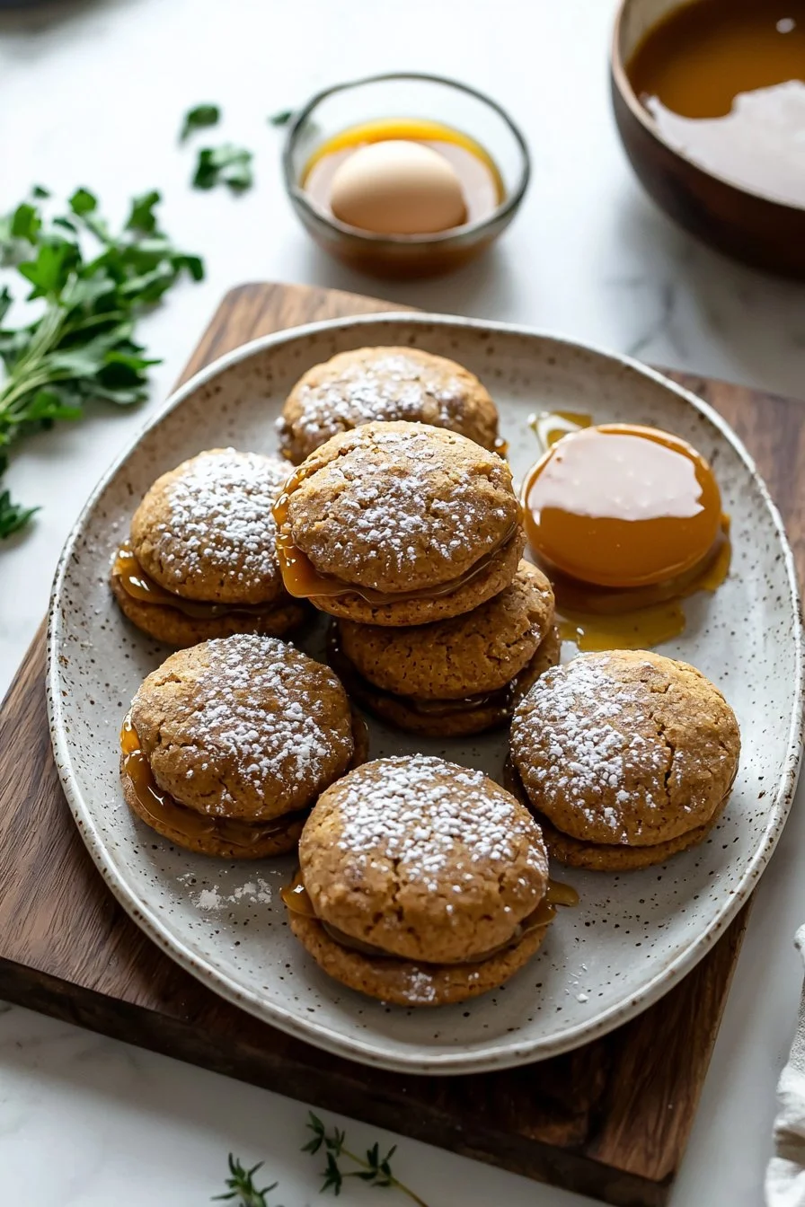 Delicious Apple Cider Whoopie Pie Cookies with Caramel drizzled on top