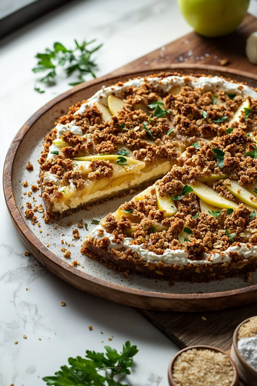 Slice of Apple Crisp Cheesecake topped with an apple crumble