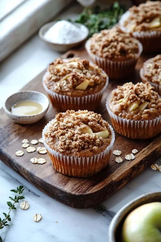 Delicious apple crumble muffins with a crunchy topping served on a wooden plate