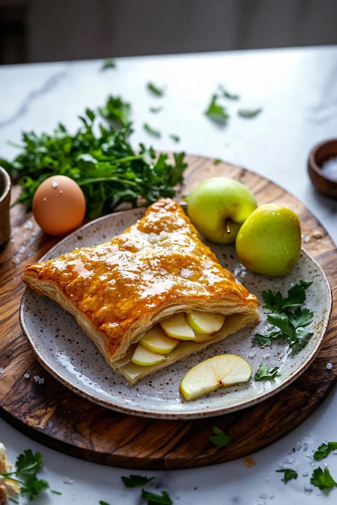 Delicious apple puff pastry dessert with golden flaky crust and apple filling