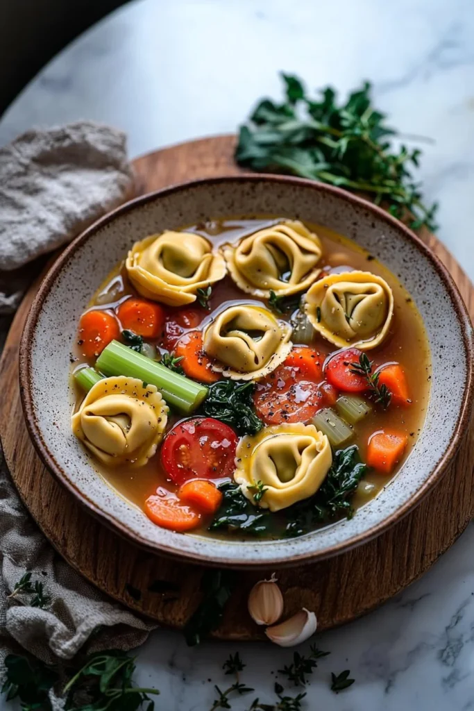 Bowl of Autumn Tortellini Soup garnished with herbs and vegetables