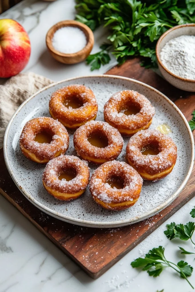 Baked apple cider donut holes dusted with cinnamon sugar