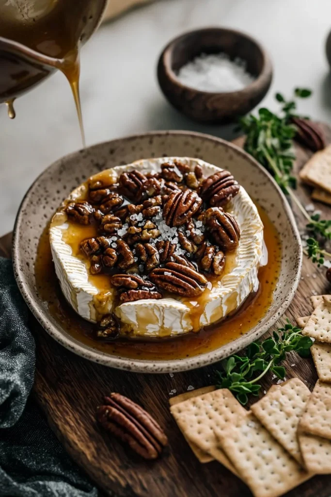 Baked brie topped with salted caramel pecans, a delicious appetizer.