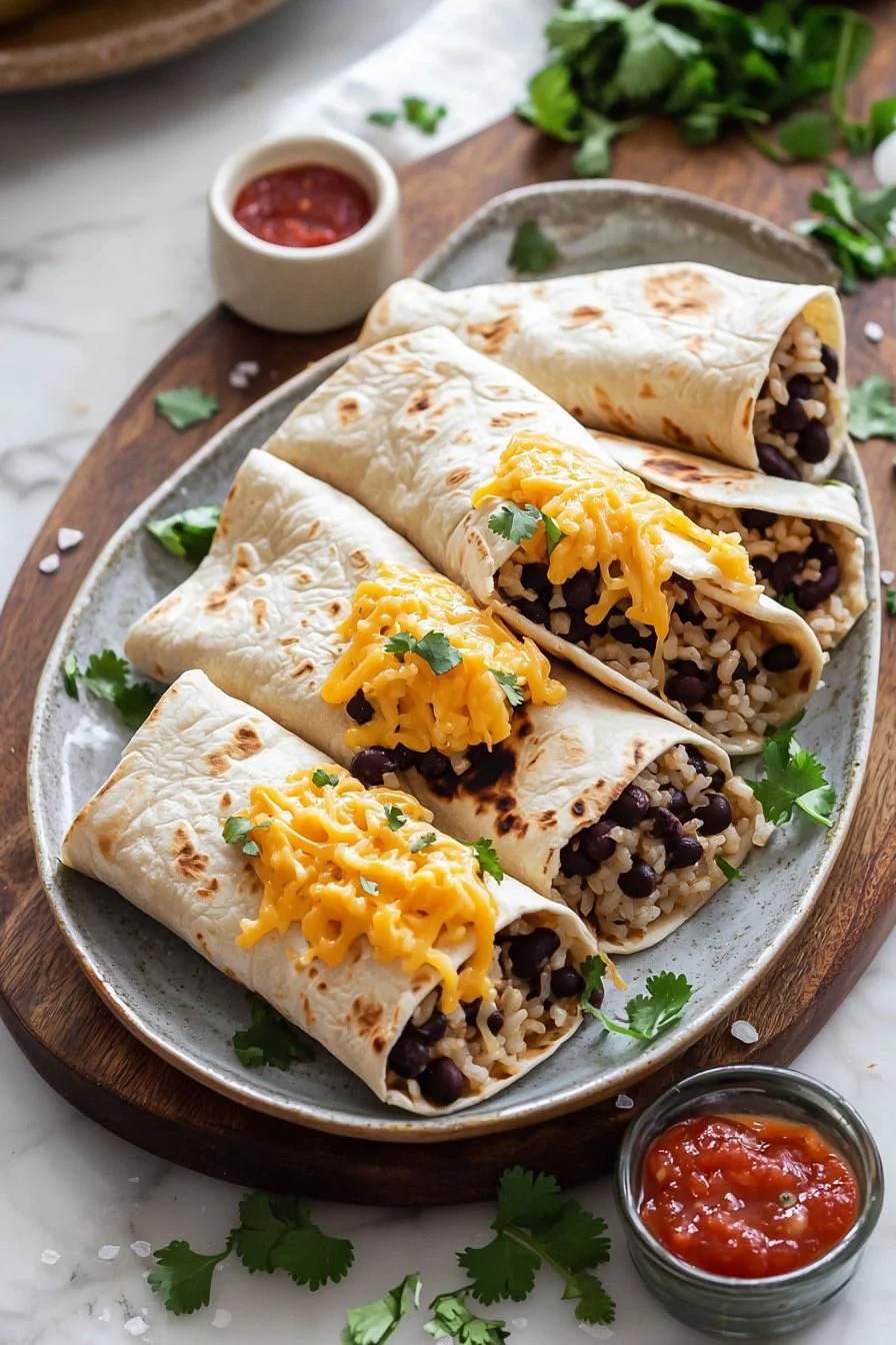 Baked cheesy bean and rice burritos served on a plate