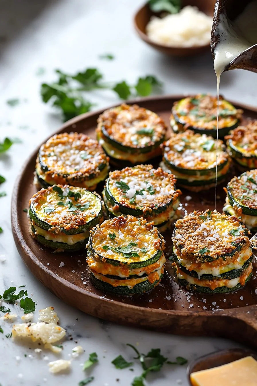 Baked cheesy zucchini stacks layered with melted cheese and fresh herbs