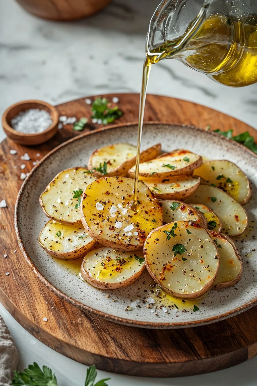 Crispy baked potato slices served on a plate with toppings.