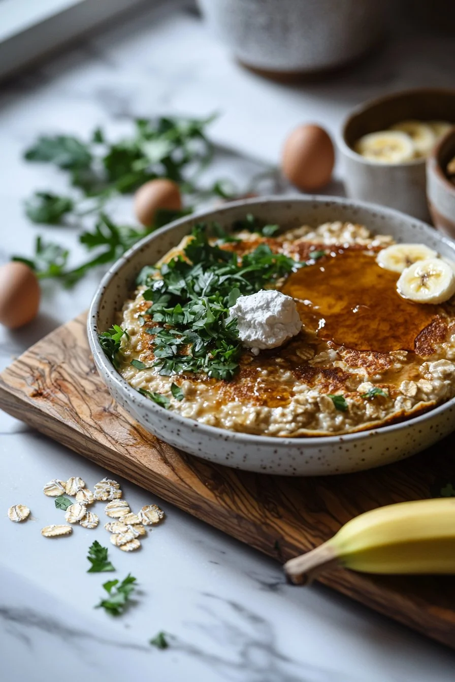 Baked protein pancake bowls topped with fresh fruits and nuts