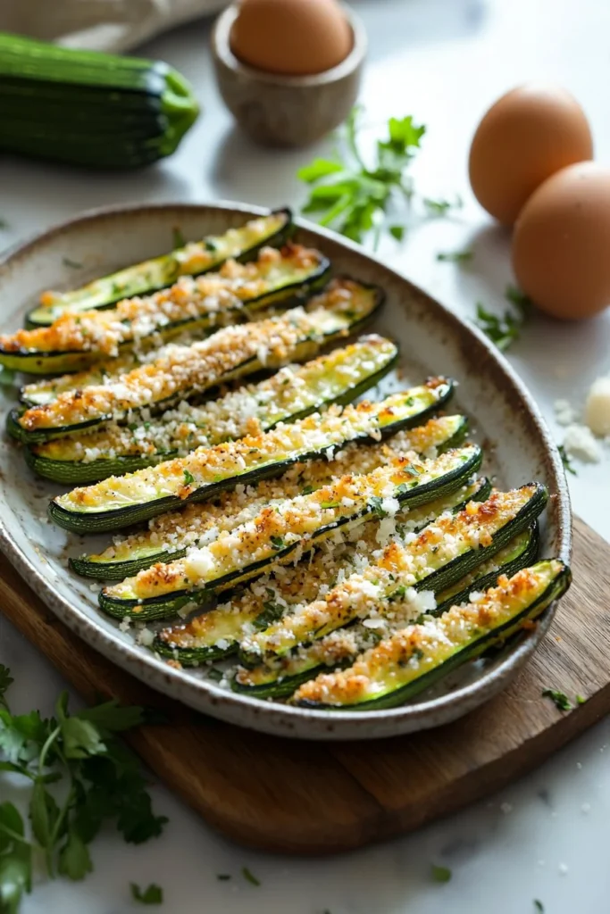 Baked zucchini fries sprinkled with parmesan cheese, a healthy snack option