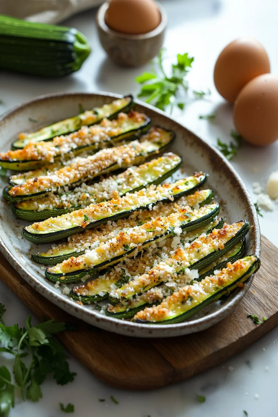 Baked zucchini fries sprinkled with parmesan cheese, a healthy snack option