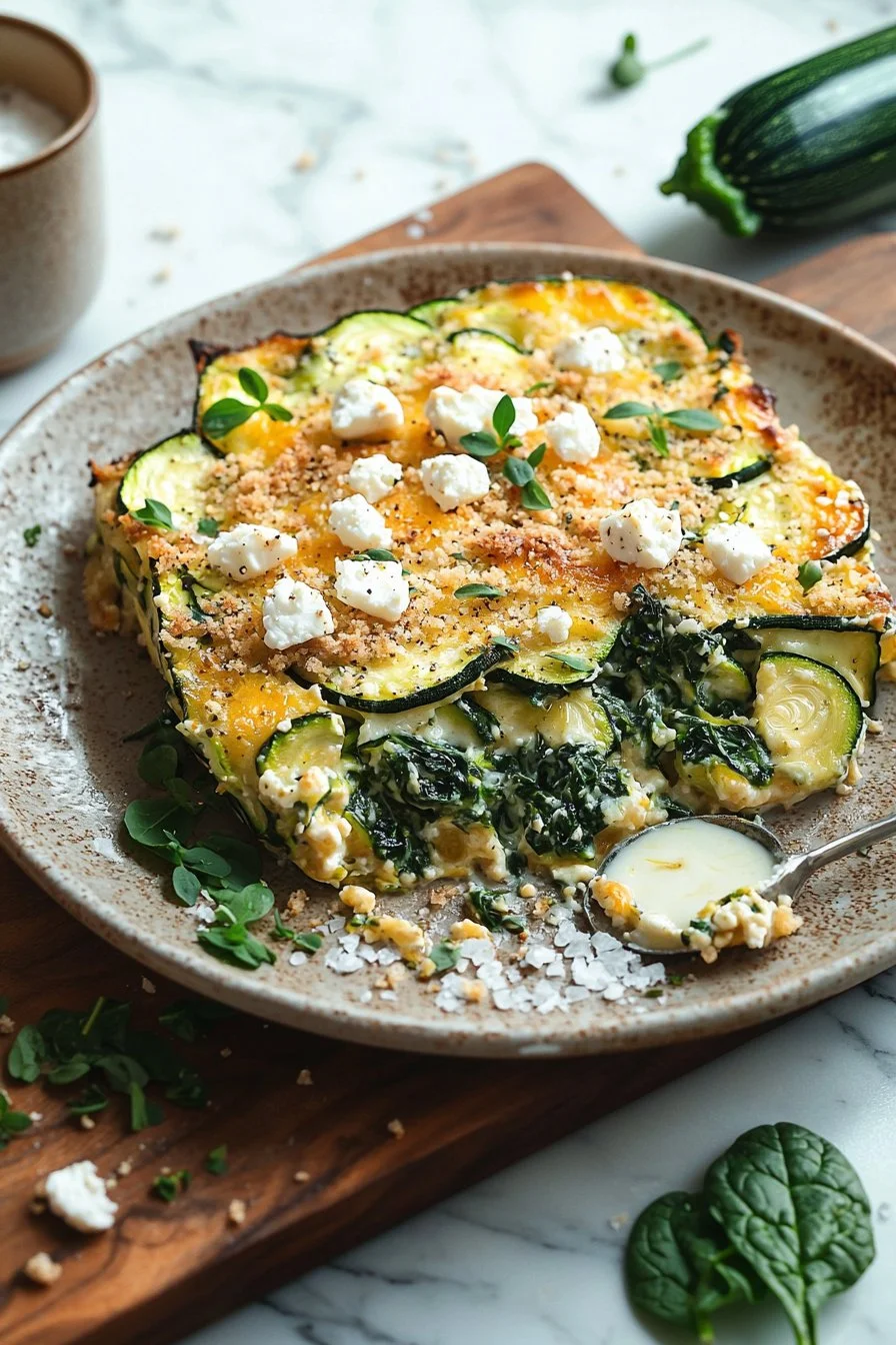 Baked zucchini, spinach, and feta casserole in a serving dish