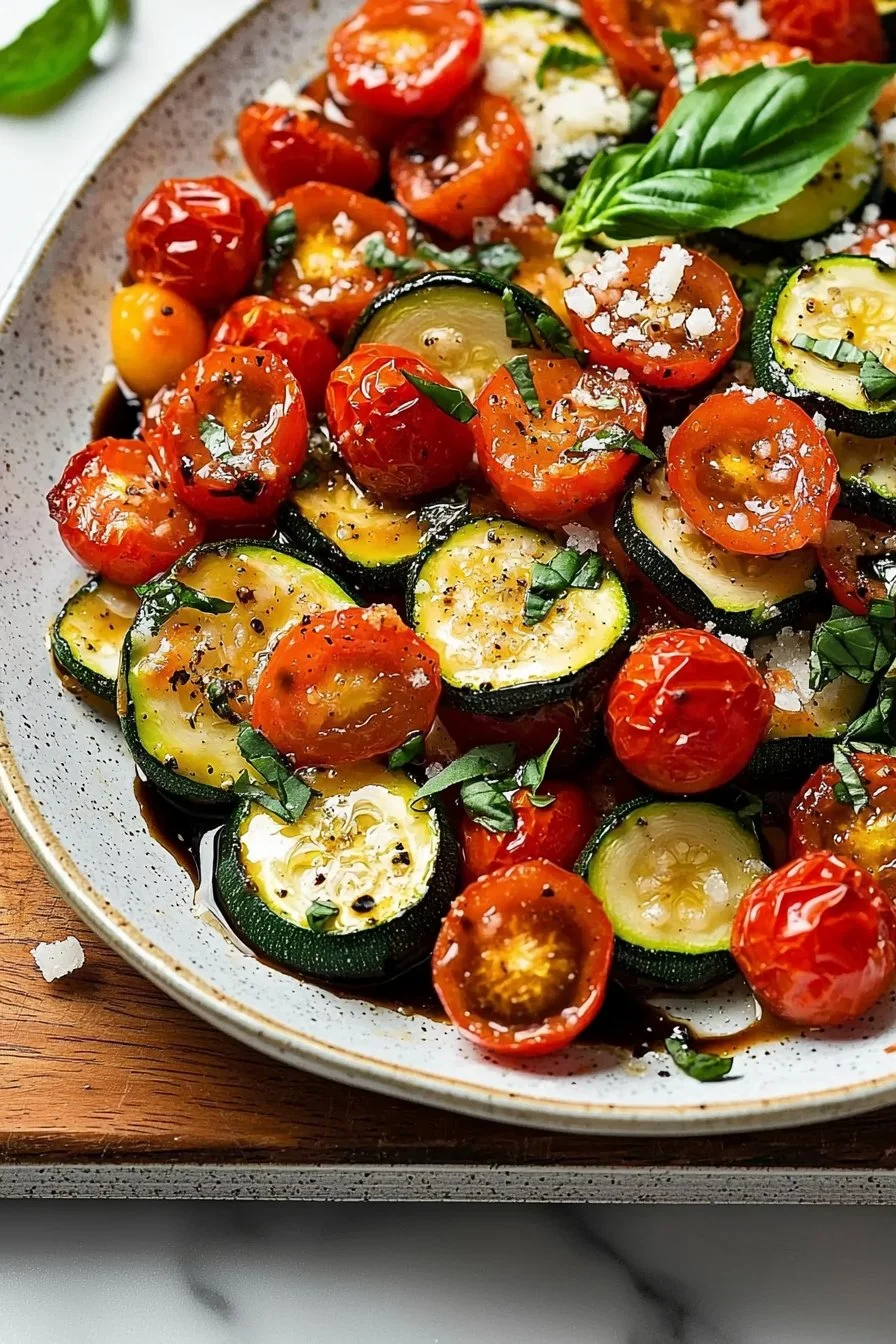 Delicious Balsamic Zucchini Tomato Bake garnished and ready to serve.