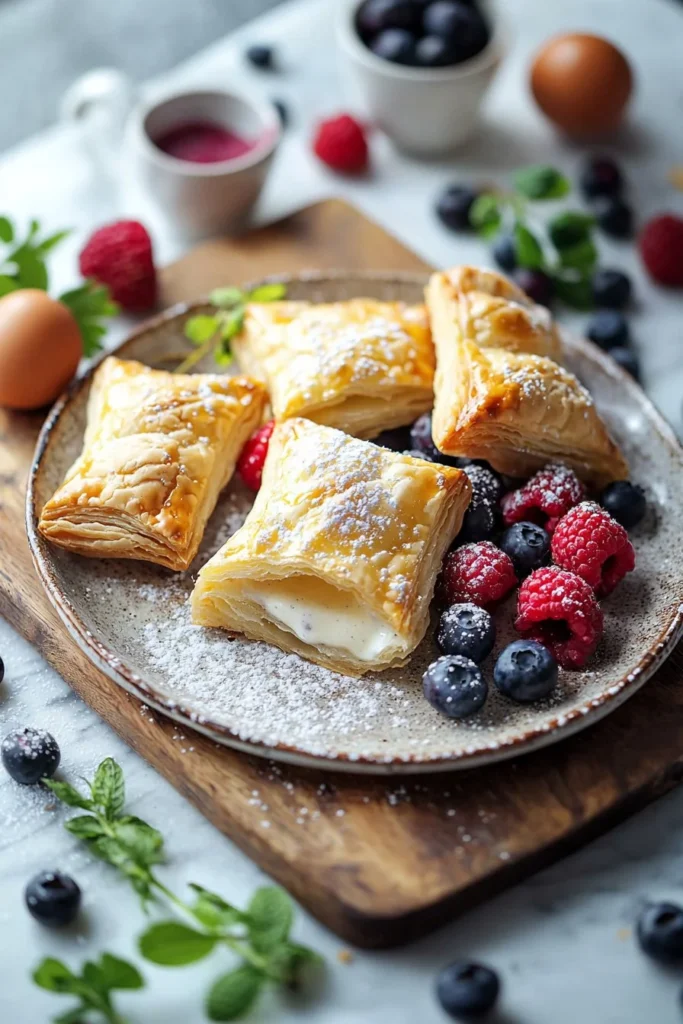 Berry custard puff pastries on a plate, showcasing flaky layers and vibrant berry filling.